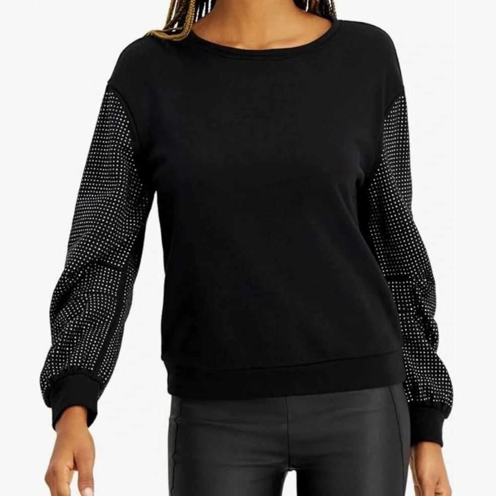 INC Womens Embellished-Sleeve Black Sweatshirt